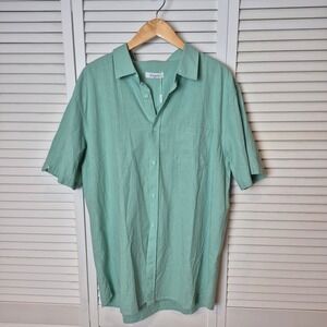 Linen Blend Button Down Short Sleeve Casual Shirt Resort Wear Mens XL Green